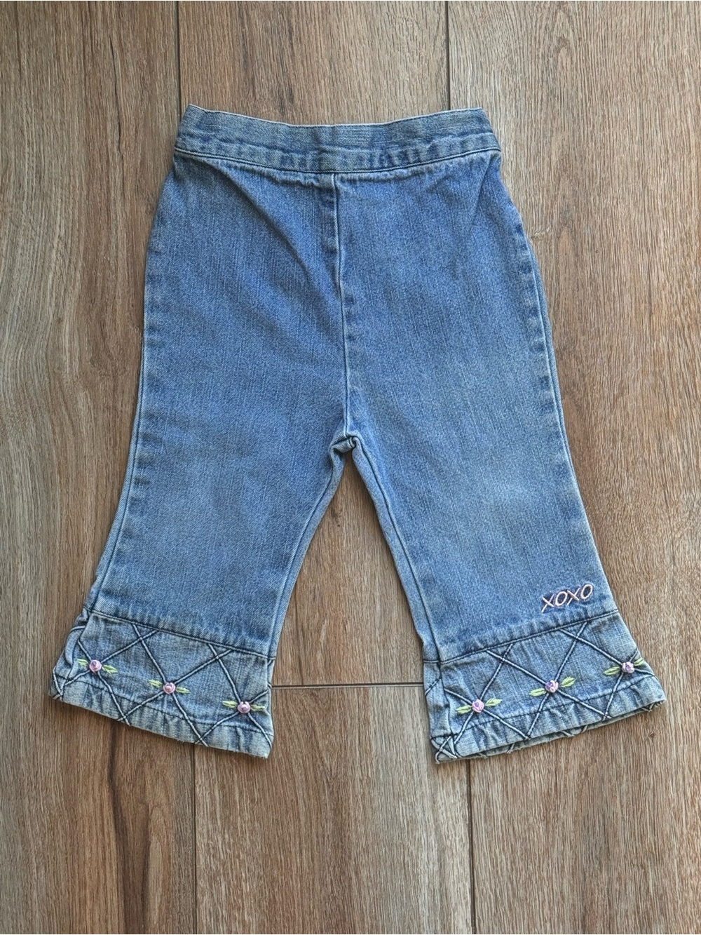 XOXO Light Blue Denim Capri Pants with Pink & Green Embroidery